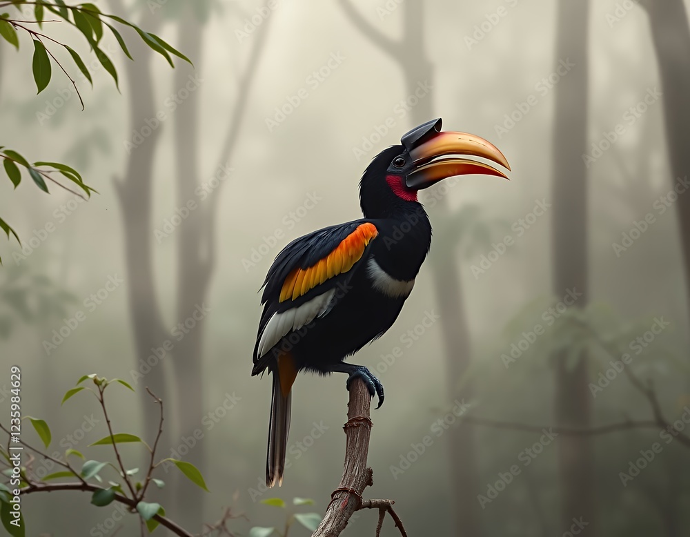 Fototapeta premium Rufous-necked Hornbill in Misty Forest