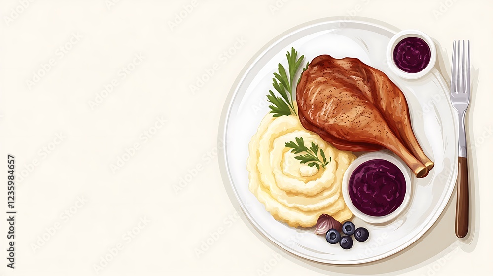 Roasted duck leg with mashed potatoes and blueberry sauce on a plate Roasted duck leg with mashed potatoes and blueberry sauce on a plate