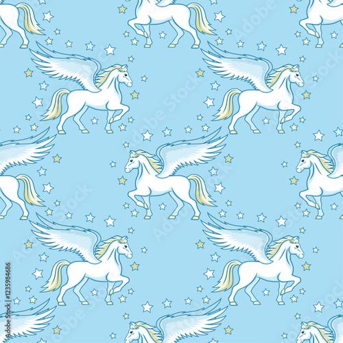 Seamless pattern with pegasus and stars on blue background.