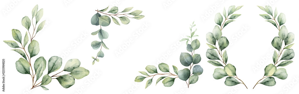 Fototapeta premium Watercolor set of frames and wreaths with green eucalyptus leaves and branches. Greenery clipart for wedding invitation, greeting cards, save the date, stationery design. Hand drawn illustration.