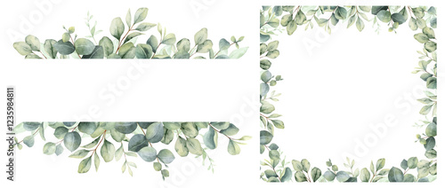 Watercolor set of  frames  with green eucalyptus leaves and branches. Greenery clipart for wedding invitation, greeting cards, save the date, stationery design.  Hand drawn illustration.
