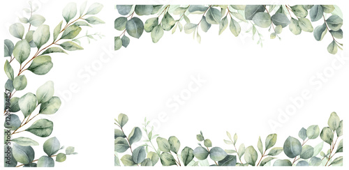 Watercolor set of frames and wreaths with green eucalyptus leaves and branches. Greenery clipart for wedding invitation, greeting cards, save the date, stationery design.  Hand drawn illustration.