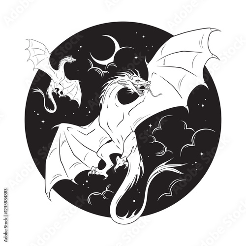 Dragons folklore magic animals over night sky with crescent moon and stars hand drawn line art gothic tattoo design isolated vector illustration