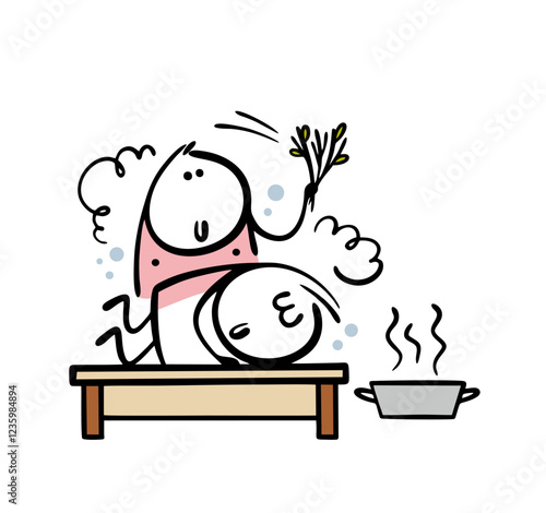 Satisfied stickman lies on a bench in the sauna and enjoys the steam. Vector illustration of a bath attendant beating with a birch broom, washing, doing massage. Isolated funny characters.