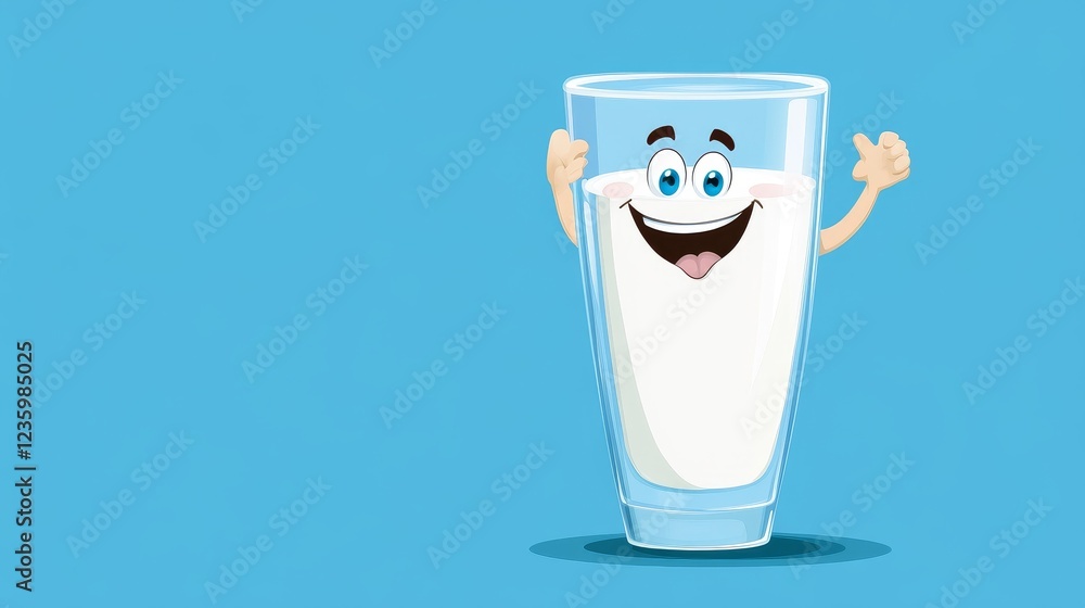 Happy Cartoon Glass of Milk - A cheerful cartoon glass of milk with arms and a big smile, set against a bright blue background, promoting healthy drinking habits.