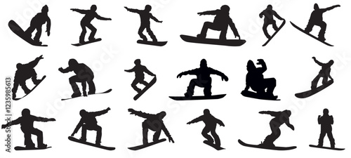 Set of snowboarding on isolated white background. 