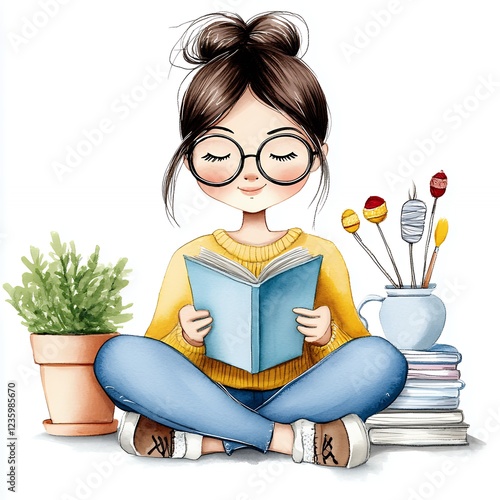 Young woman with glasses reading a book in a cozy indoor setting surrounded by plants and colorful flowers