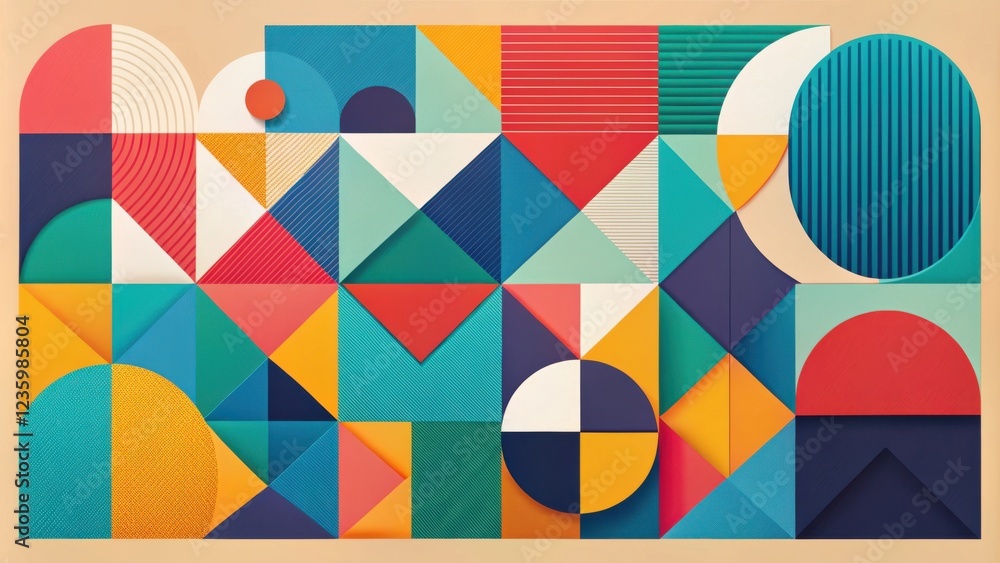A vibrant and geometric composition featuring colorful shapes, patterns, and textures, showcasing a playful and dynamic aesthetic. A vibrant and geometric composition featuring colorful shapes, patterns, and textures, showcasing a playful and dynamic aesthetic.