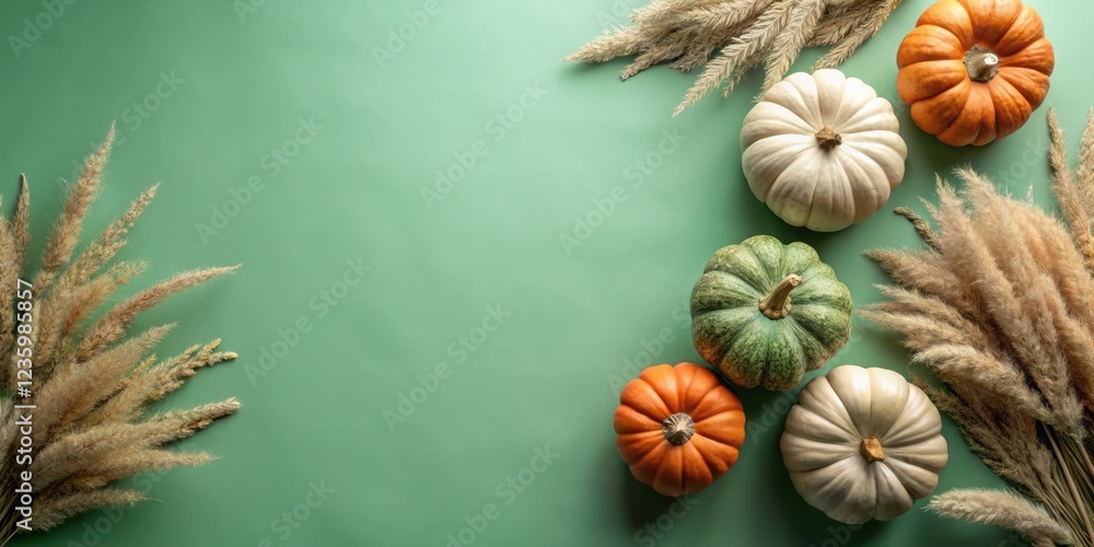 Fototapeta premium Autumnal still life with pumpkins and pampas grass on a green background