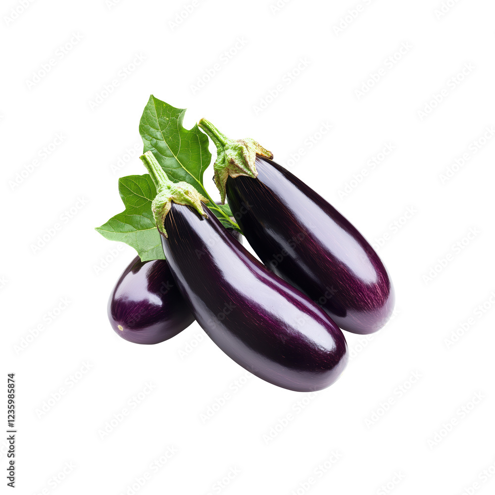 Fresh Organic Eggplants with Green Leaves Isolated on White Background Fresh Organic Eggplants with Green Leaves Isolated on White Background