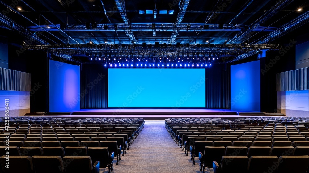 Fototapeta premium Modern Conference Hall with Blue Background - A spacious modern conference hall featuring a blue backdrop and rows of empty seats awaiting an event.