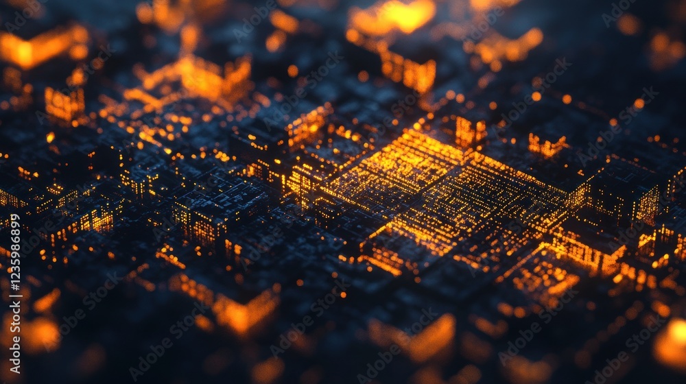 Abstract Digital Cityscape Illuminated With Orange Lights Abstract Digital Cityscape Illuminated With Orange Lights