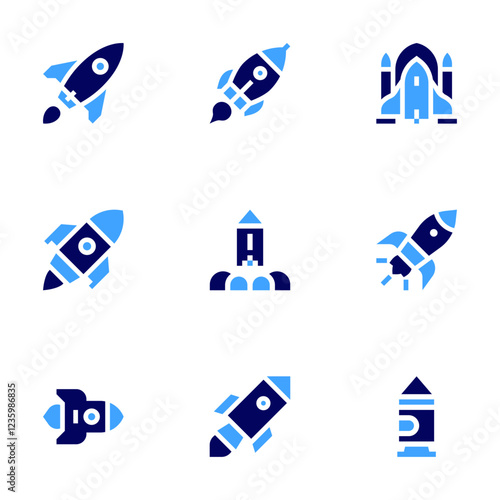 Rocket icon set. Bold style. Duotone colors. rocket launch, rocket ship, rocket