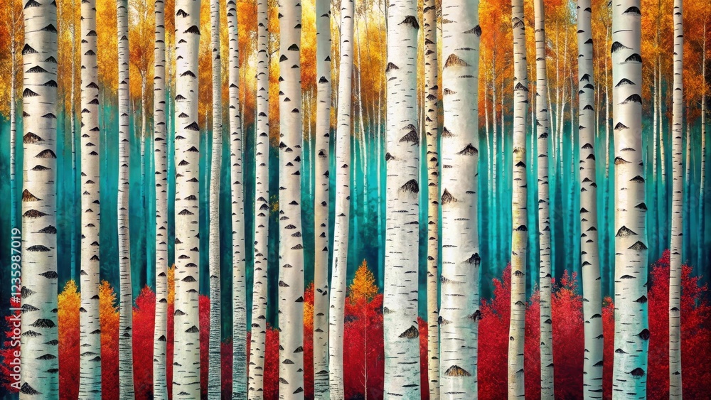 Birch Trees Stand Tall Against a Vibrant Teal Backdrop, Autumn Hues Create a Striking Contrast in the Undergrowth Birch Trees Stand Tall Against a Vibrant Teal Backdrop, Autumn Hues Create a Striking Contrast in the Undergrowth