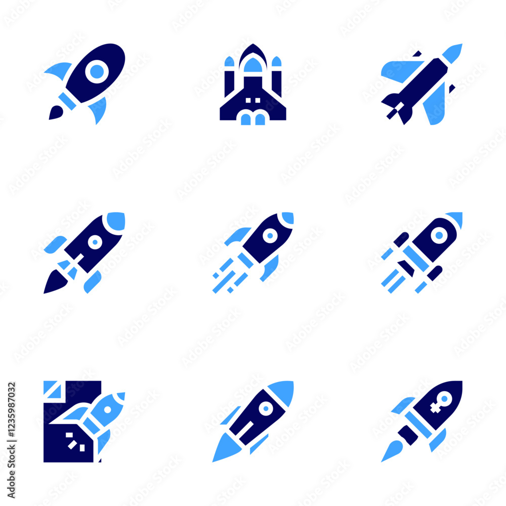 Rocket icon set. Bold style. Duotone colors. rocket, spaceship, startup Rocket icon set. Bold style. Duotone colors. rocket, spaceship, startup