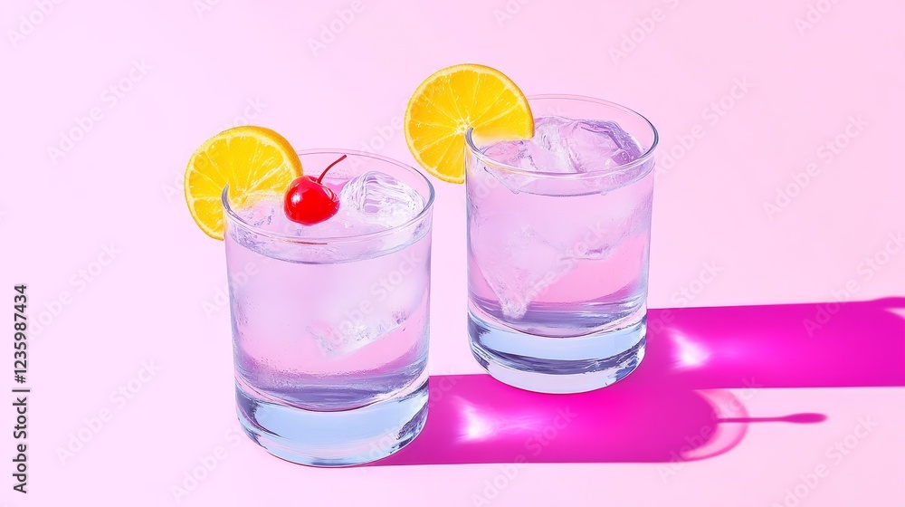 Refreshing Summer Cocktails on a Bright Background - Two refreshing cocktails with ice, lemon slices, and cherries against a pink background, perfect for summer vibes. Refreshing Summer Cocktails on a Bright Background - Two refreshing cocktails with ice, lemon slices, and cherries against a pink background, perfect for summer vibes.