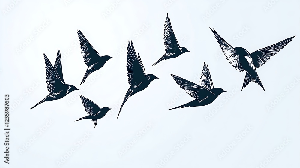 Obraz premium Flock of birds in flight against a white background. Possible use Graphic design, wallpaper