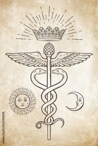 Caduceus magic staff carried by Hermes symbol of medicine with serpents consuming each other. Tattoo, poster or print design vector illustration