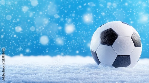 Snowy Soccer Ball on Winter Background - A soccer ball rests on fresh snow with a blurred blue background and falling snowflakes creating a winter scene.