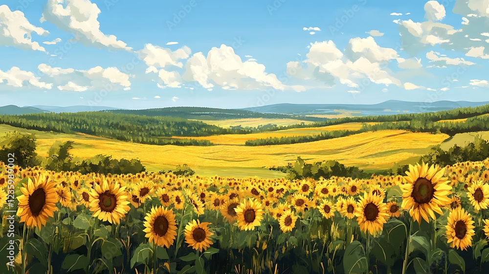 Obraz premium Sunny sunflower field landscape; rural scenery; idyllic summer