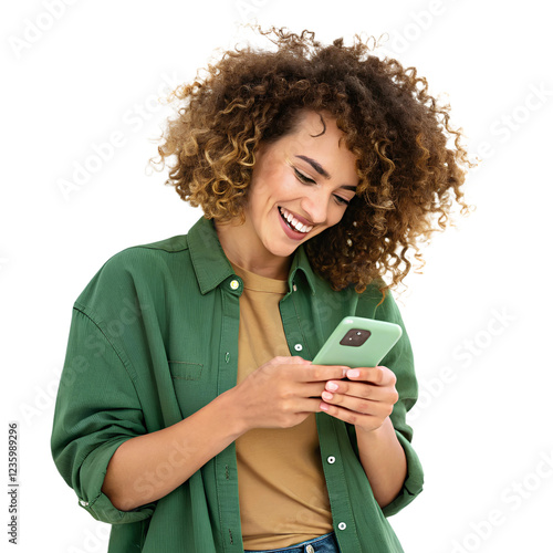 Happy Business Woman Holding Smartphone – Smiling Female with Curly Hair Using Mobile Phone, Social Media, Digital Communication, Isolated on Transparent Background, No Background