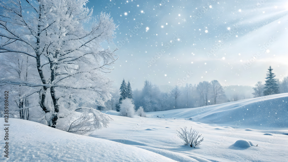 Fototapeta premium Serene Winter Landscape with Snowy Trees and Soft Light Effects
