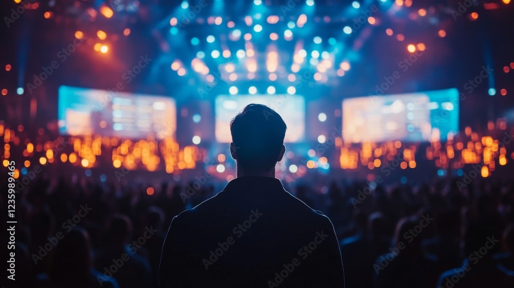 Silhouette of a man in a large concert crowd facing a bright stage Silhouette of a man in a large concert crowd facing a bright stage