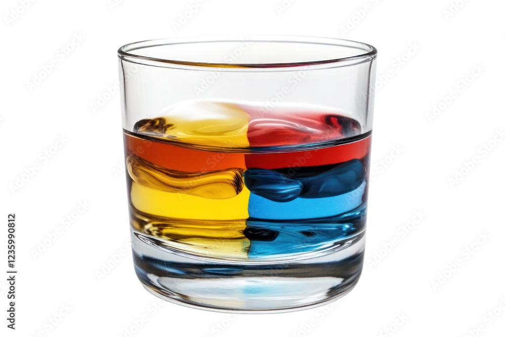 A clear glass filled with different shades of water, ranging from blue to red to yellow, gently blending together A clear glass filled with different shades of water, ranging from blue to red to yellow, gently blending together