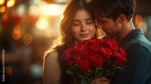 Happy Valentine's Day. The man gave his beloved woman a bouquet of red roses, and the woman embraced him tenderly. Romantic night at home
 photo