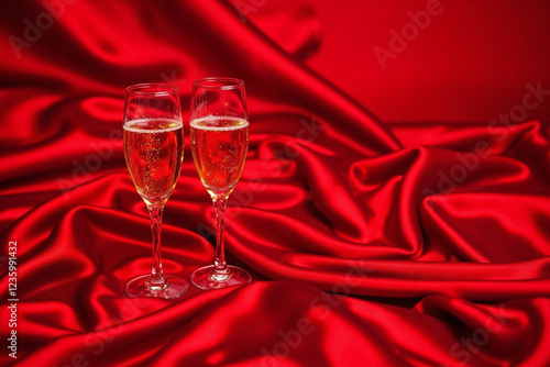 romantic luxurious setup with red fabric and champagne flutes