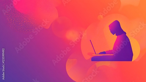 Abstract woman working on laptop, vibrant background, digital art photo