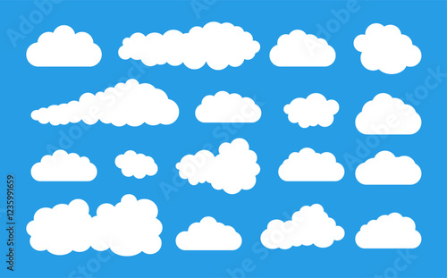 Cloud set with abstract white fluffy shapes isolated on a soft blue background. Includes various cloud designs ideal for backgrounds, web graphics, and creative projects. Vector illustration.