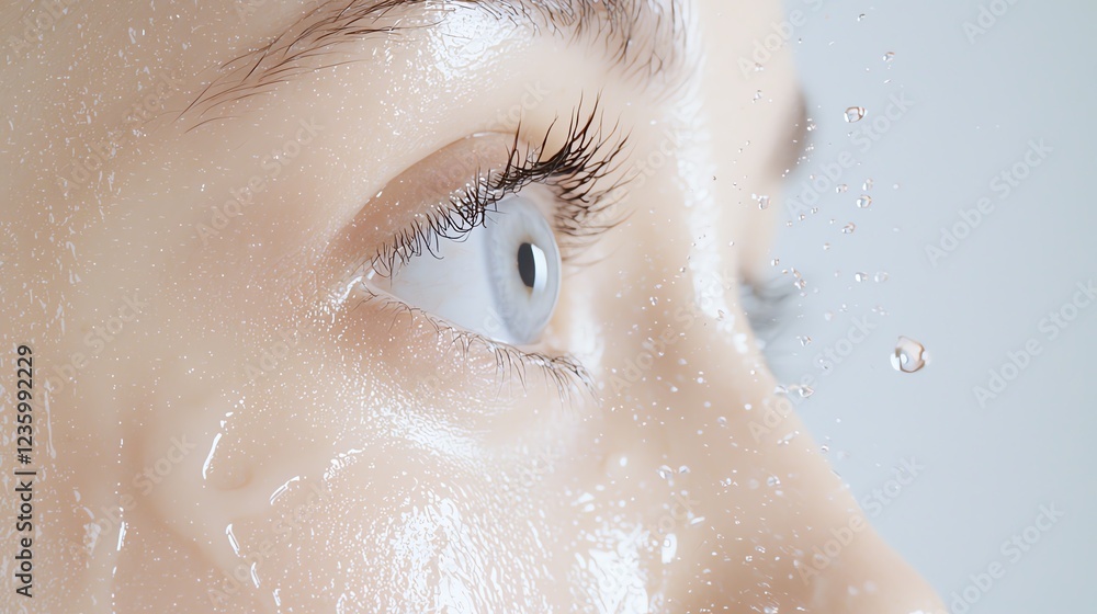 Fototapeta premium Close-up of a wet face highlighting vibrant blue eye and delicate eyelashes, capturing the essence of natural beauty and freshness.