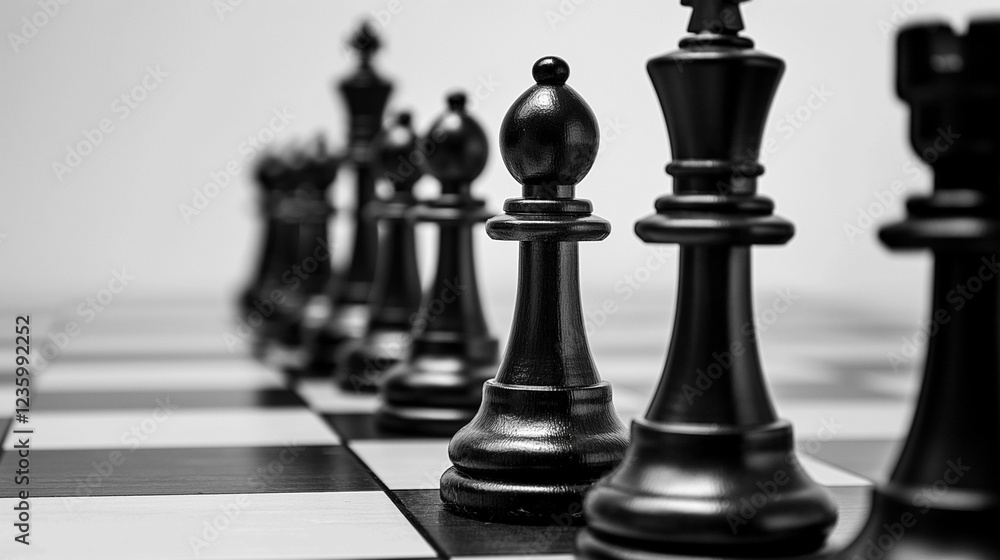 The black queen strategically overlooks the chessboard, ready for the next move in the chess game The black queen strategically overlooks the chessboard, ready for the next move in the chess game