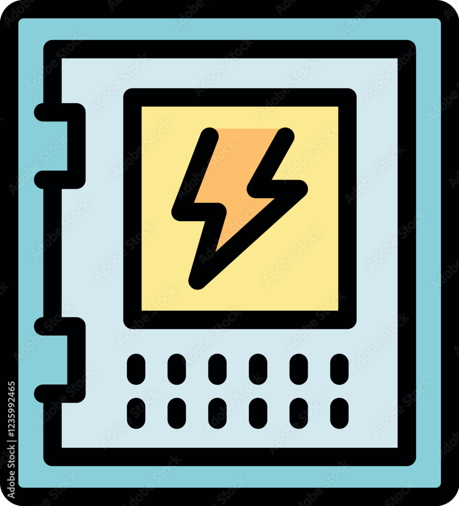 Electrical panel featuring lightning bolt symbol and control buttons, representing power distribution and management Electrical panel featuring lightning bolt symbol and control buttons, representing power distribution and management