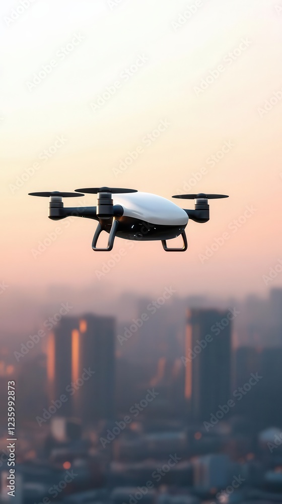 A sleek drone flying above a cityscape at sunset. A sleek drone flying above a cityscape at sunset.