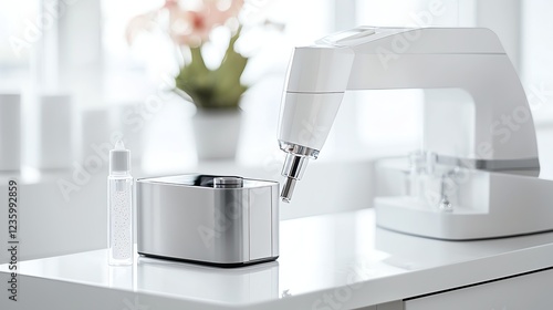 Modern robotic arm and sleek devices on white table in bright, minimalist tech environment. Innovation and efficiency.