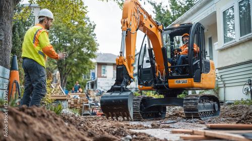 Construction site supervisor guiding excavator operator during earthmoving work