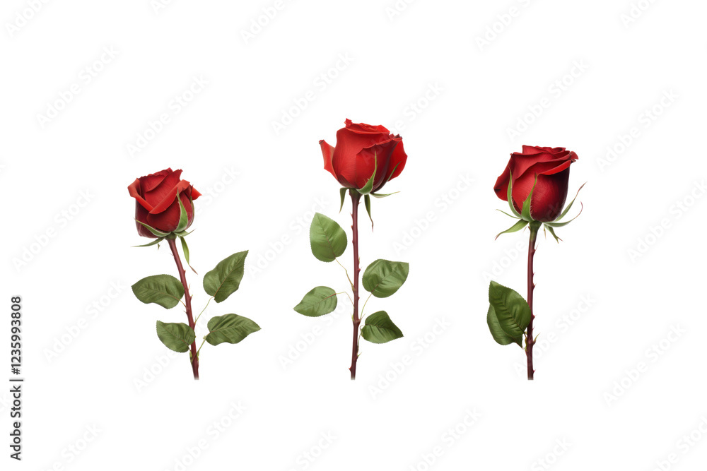 Obraz premium A set of three red roses with long green stems and gently curved leaves, representing a romantic gesture.