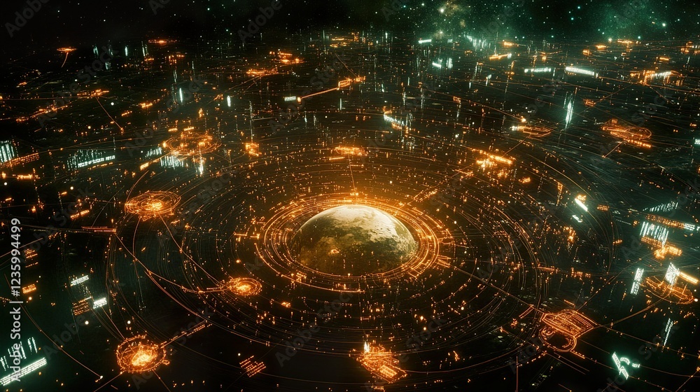 Fototapeta premium Futuristic Earth-centered network with glowing crypto nodes and IoT connections, symbolizing global digital connectivity.