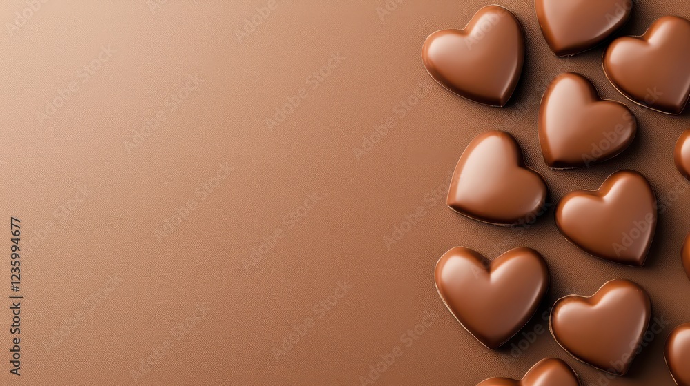 Fototapeta premium Heart-shaped chocolates scattered on a textured cocoa background.