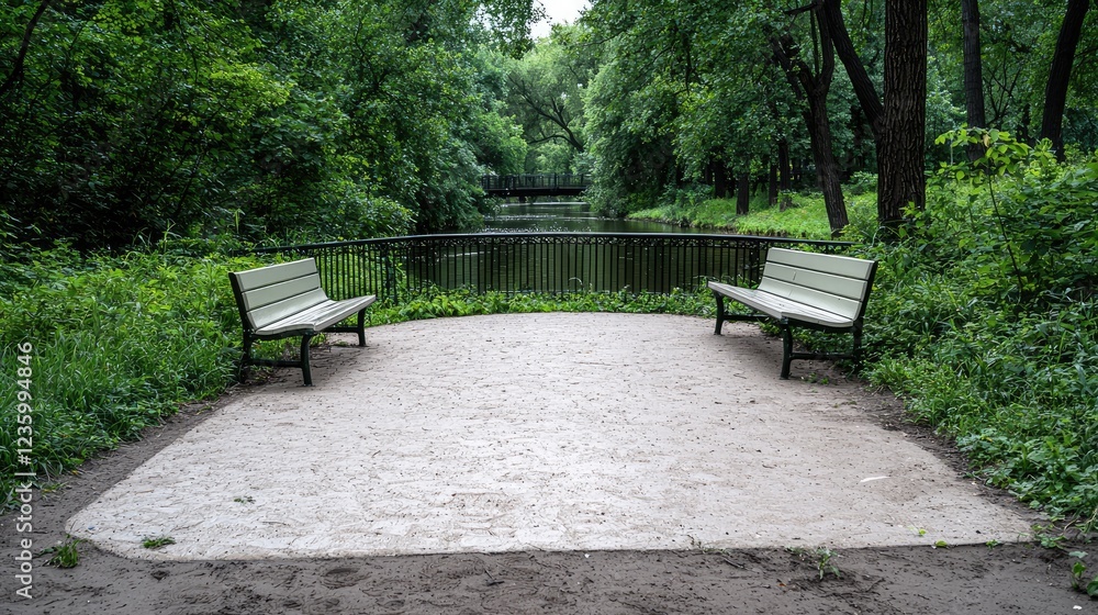 Peaceful park benches by pond, green trees background; relaxing scene Peaceful park benches by pond, green trees background; relaxing scene