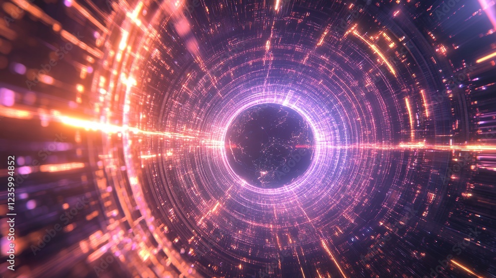 Obraz premium Futuristic Earth-centered network with glowing crypto nodes and IoT connections, symbolizing global digital connectivity.