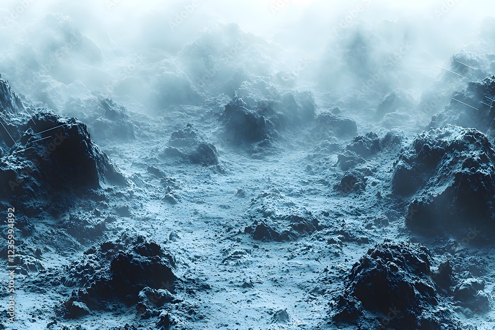 Obraz premium Mystical Landscape of Rocky Terrain Shrouded in Atmospheric Fog