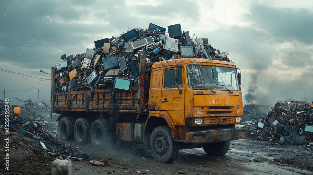 A truck filled with discarded electronics heading to a recycling plant, realistic and impactful A truck filled with discarded electronics heading to a recycling plant, realistic and impactful
