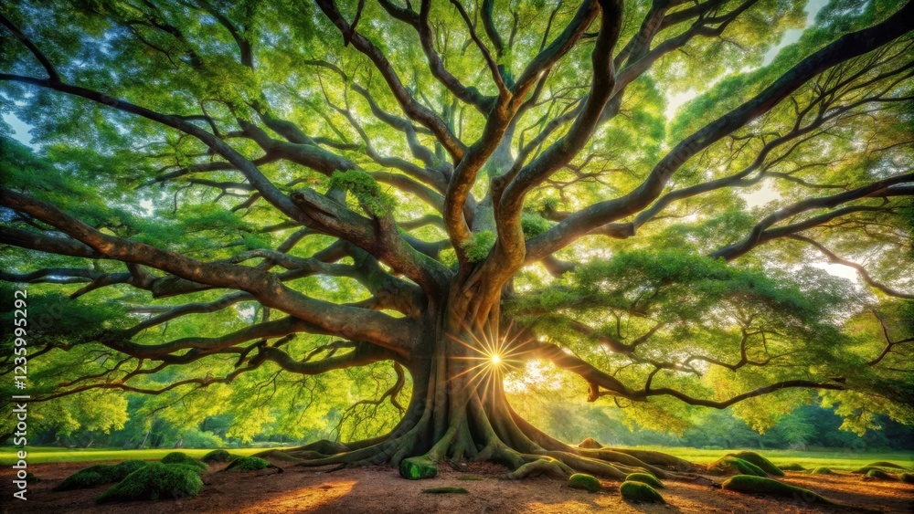 Fototapeta premium A Majestic Tree Stands Tall, Its Branches Reaching for the Sun, Casting a Canopy of Shade on the Lush Green Grass Below