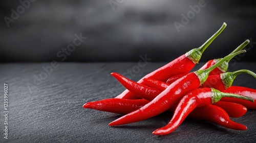 A close-up of red chili peppers lying on a dark surface, their rich colors contrasting against the simplicity of the background.