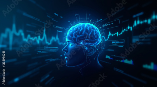Illustration of human brain with financial stock data charts and graphs. The concept is of finance, intelligence, data analysis, and investment strategy. For business, finance, and technology content