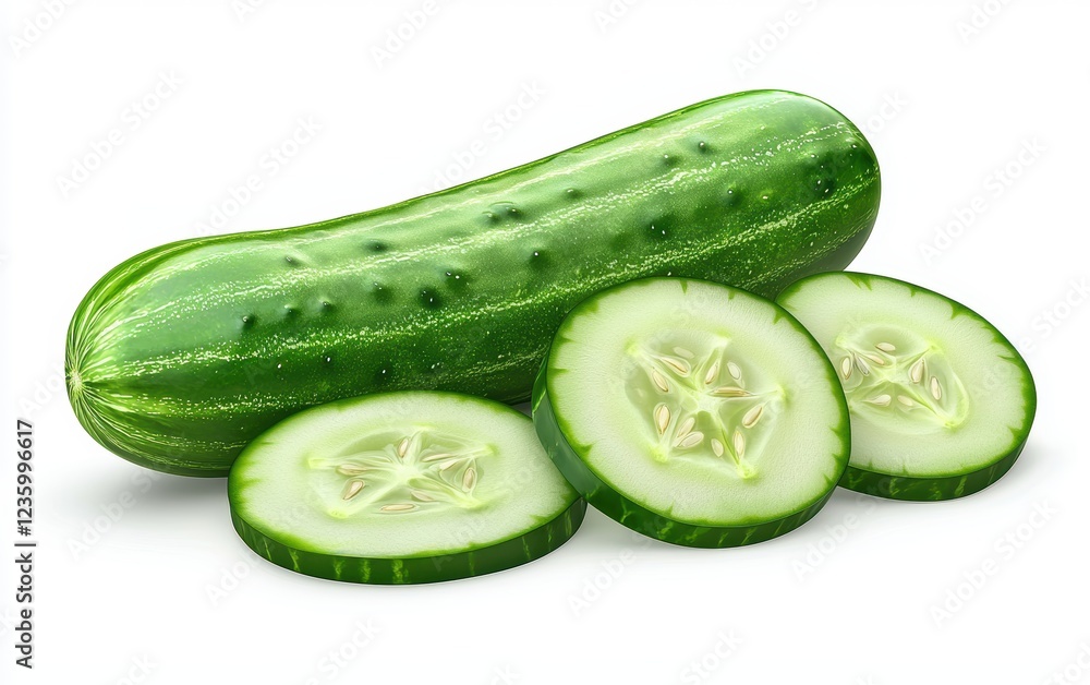 Fresh whole and sliced cucumber with visible seeds isolated on a white background Fresh whole and sliced cucumber with visible seeds isolated on a white background
