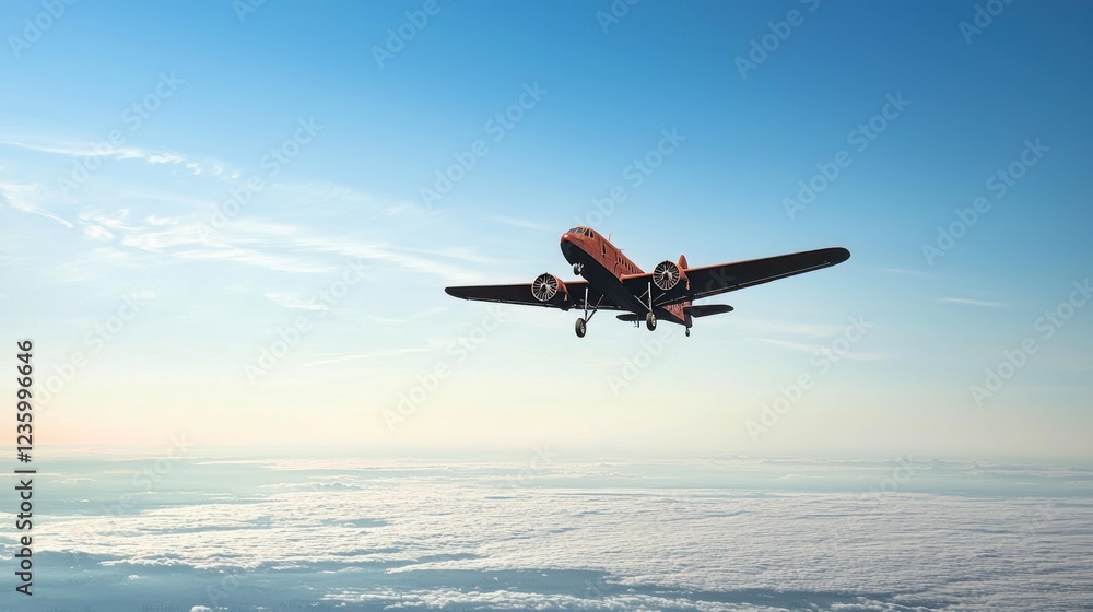Fototapeta premium Retro Red Airplane Flying Above Cloudscape